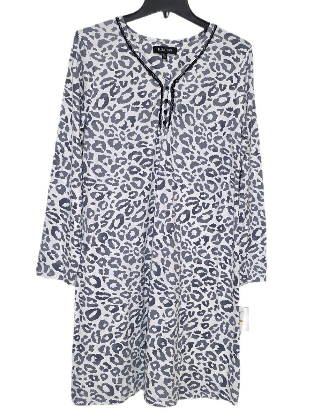 Ellen Tracy Lace Trim V-neck Long Sleeve leopard Print Nightgown Gray/White S